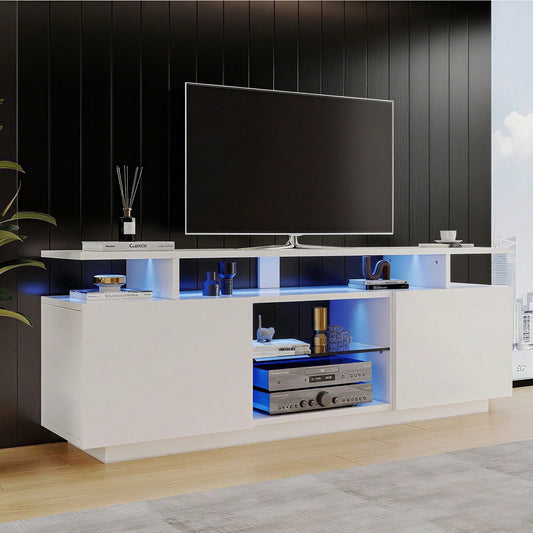 Moderner weißer TV-Schrank mit 16-farbiger LED-Beleuchtung, 1,4 m lang - Stilvoller Aufbewahrungsschrank für 60-Zoll-TV, 16-farbige Lichtleiste, hochglänzende Türblätter mit Glasfächern