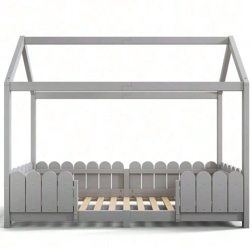 Hausbett 90x200 cm - vielseitiges Holz Kinderbett für Jungen & Mädchen - Mit Rausfallschutz und Lattenrost – Grau (Ohne Matratze)