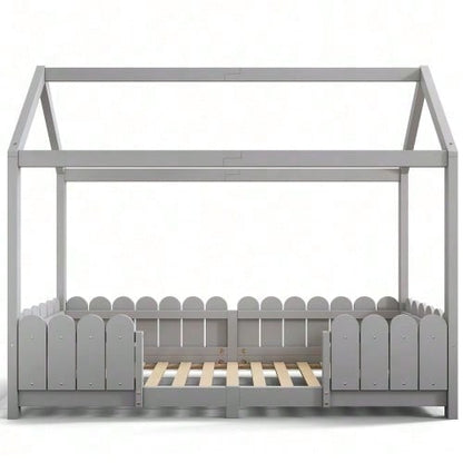 Hausbett 90x200 cm - vielseitiges Holz Kinderbett für Jungen & Mädchen - Mit Rausfallschutz und Lattenrost – Grau (Ohne Matratze)