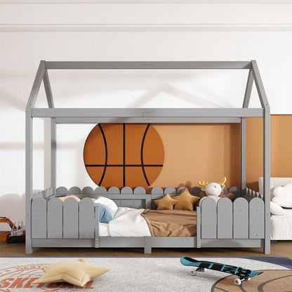 Hausbett 90x200 cm - vielseitiges Holz Kinderbett für Jungen & Mädchen - Mit Rausfallschutz und Lattenrost – Grau (Ohne Matratze)