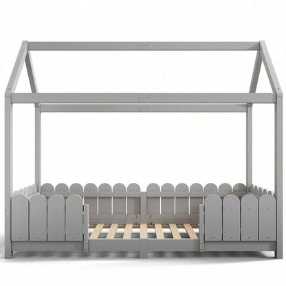 Hausbett 90x200 cm - vielseitiges Holz Kinderbett für Jungen & Mädchen - Mit Rausfallschutz und Lattenrost – Grau (Ohne Matratze)