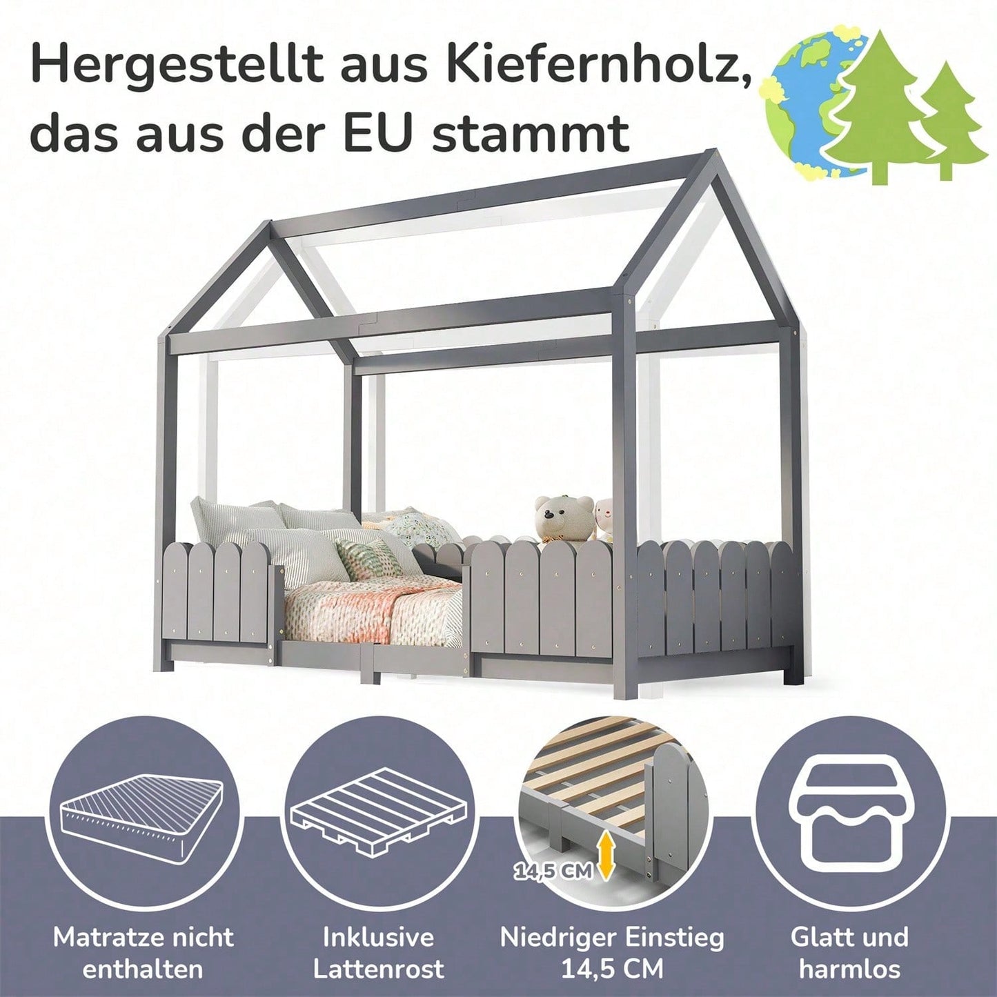 Hausbett 90x200 cm - vielseitiges Holz Kinderbett für Jungen & Mädchen - Mit Rausfallschutz und Lattenrost – Grau (Ohne Matratze)