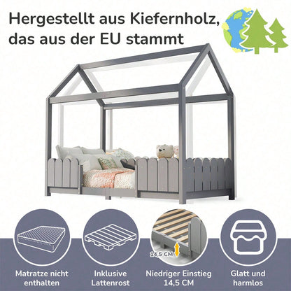 Hausbett 90x200 cm - vielseitiges Holz Kinderbett für Jungen & Mädchen - Mit Rausfallschutz und Lattenrost – Grau (Ohne Matratze)