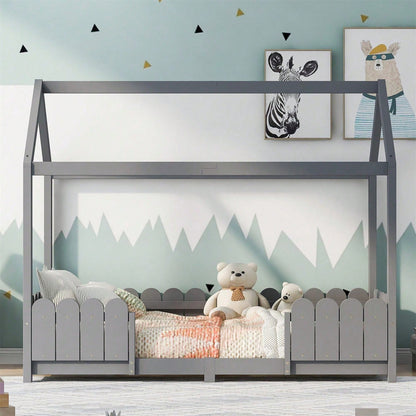 Hausbett 90x200 cm - vielseitiges Holz Kinderbett für Jungen & Mädchen - Mit Rausfallschutz und Lattenrost – Grau (Ohne Matratze)