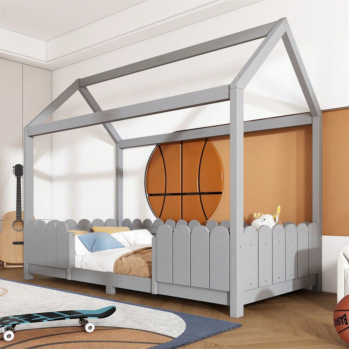 Hausbett 90x200 cm - vielseitiges Holz Kinderbett für Jungen & Mädchen - Mit Rausfallschutz und Lattenrost – Grau (Ohne Matratze)