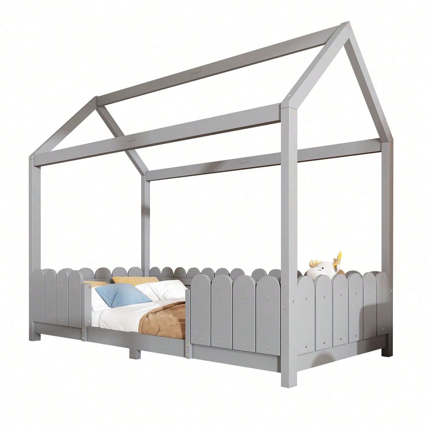Hausbett 90x200 cm - vielseitiges Holz Kinderbett für Jungen & Mädchen - Mit Rausfallschutz und Lattenrost – Grau (Ohne Matratze)