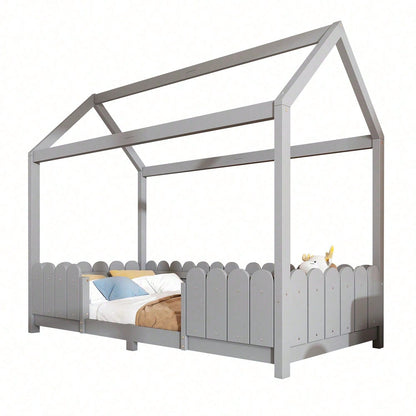 Hausbett 90x200 cm - vielseitiges Holz Kinderbett für Jungen & Mädchen - Mit Rausfallschutz und Lattenrost – Grau (Ohne Matratze)