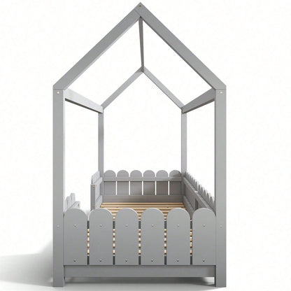 Hausbett 90x200 cm - vielseitiges Holz Kinderbett für Jungen & Mädchen - Mit Rausfallschutz und Lattenrost – Grau (Ohne Matratze)