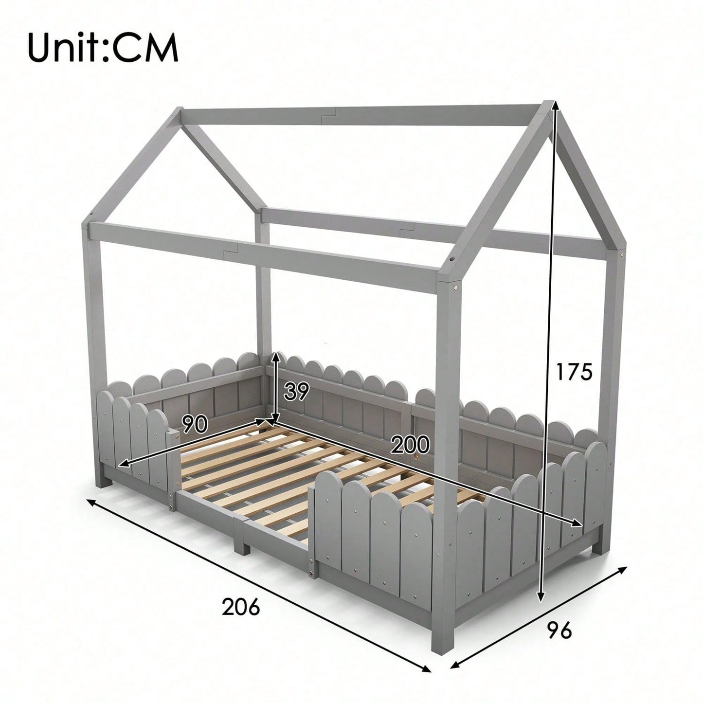 Hausbett 90x200 cm - vielseitiges Holz Kinderbett für Jungen & Mädchen - Mit Rausfallschutz und Lattenrost – Grau (Ohne Matratze)