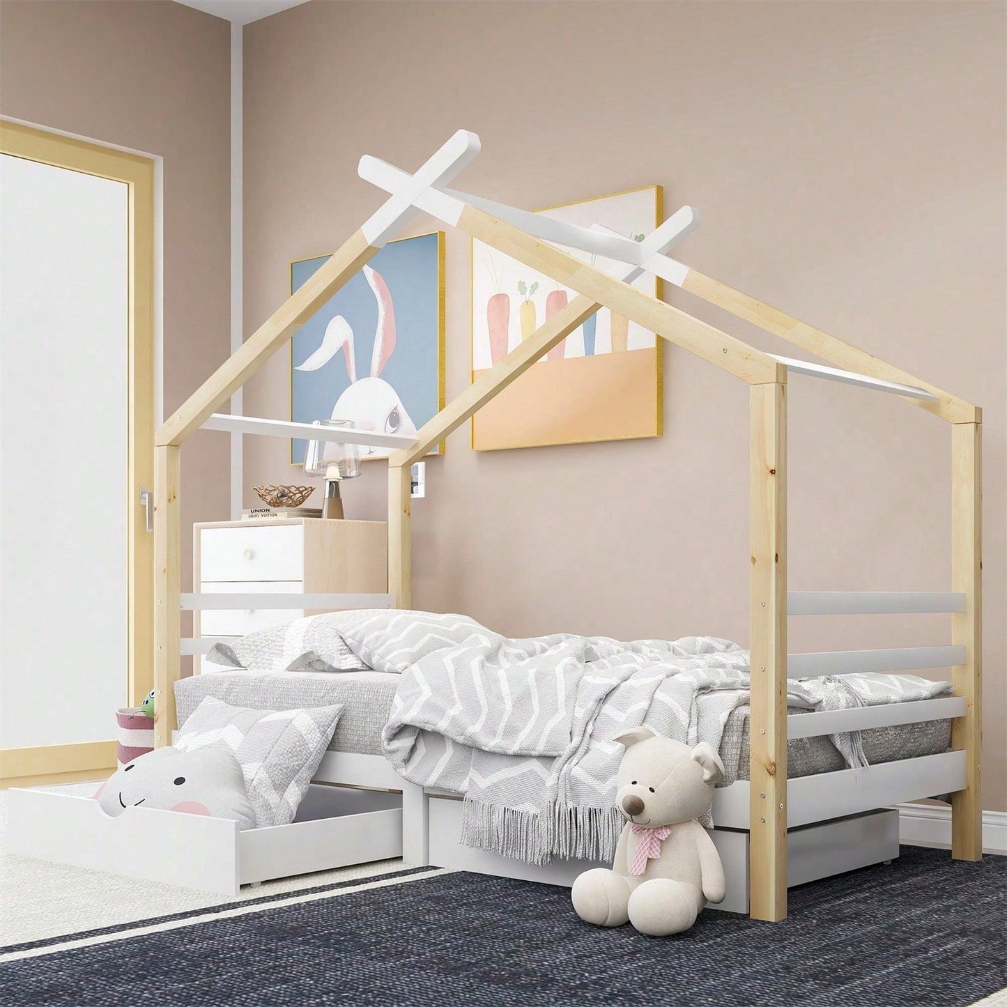 Kinderbett Hausbett mit Schubladen, Massivholz mit Lattenrost, Kiefernholz Hausbett , Kinder und Jugendzimmer, weiß+holzfarbe (90x200cm)