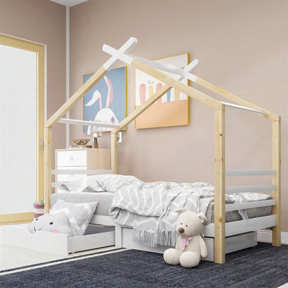 Kinderbett Hausbett mit Schubladen, Massivholz mit Lattenrost, Kiefernholz Hausbett , Kinder und Jugendzimmer, weiß+holzfarbe (90x200cm)
