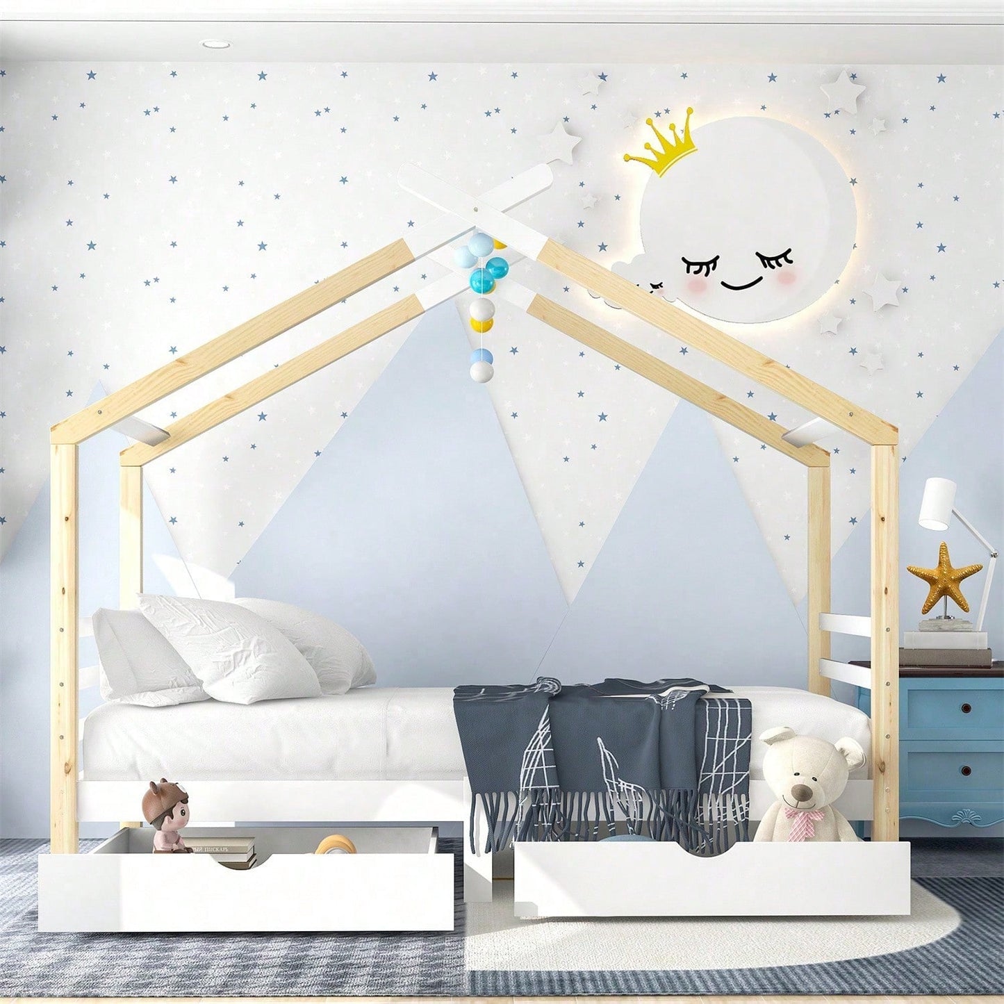 Kinderbett Hausbett mit Schubladen, Massivholz mit Lattenrost, Kiefernholz Hausbett , Kinder und Jugendzimmer, weiß+holzfarbe (90x200cm)