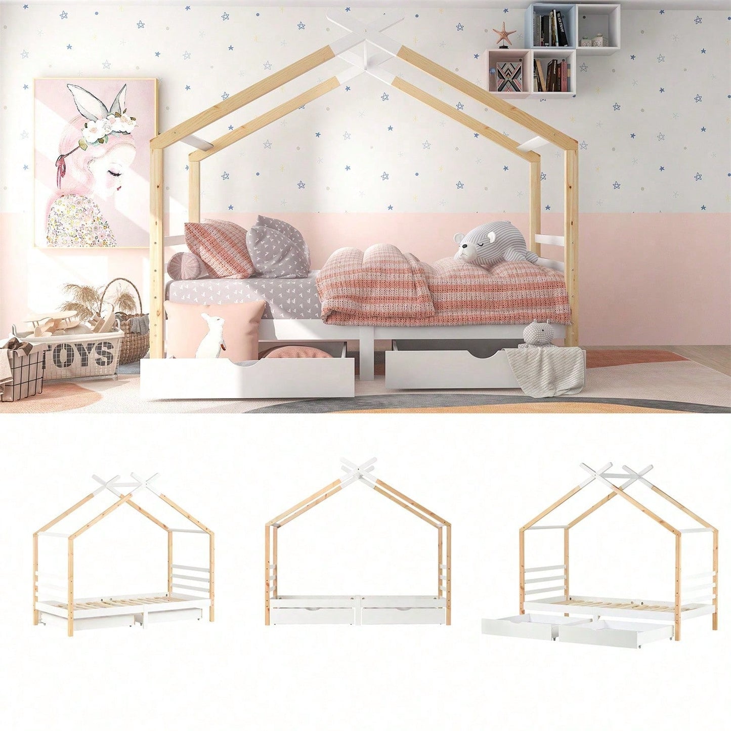 Kinderbett Hausbett mit Schubladen, Massivholz mit Lattenrost, Kiefernholz Hausbett , Kinder und Jugendzimmer, weiß+holzfarbe (90x200cm)