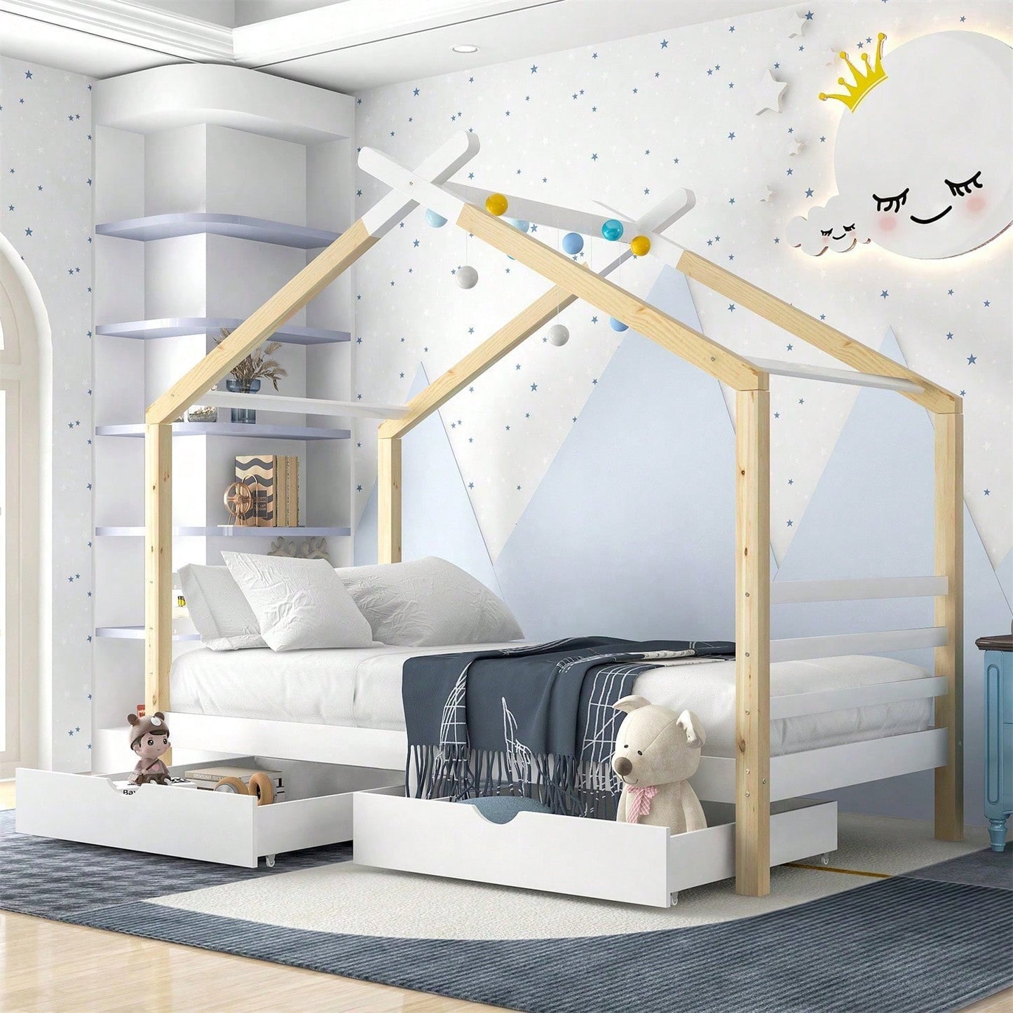 Kinderbett Hausbett mit Schubladen, Massivholz mit Lattenrost, Kiefernholz Hausbett , Kinder und Jugendzimmer, weiß+holzfarbe (90x200cm)