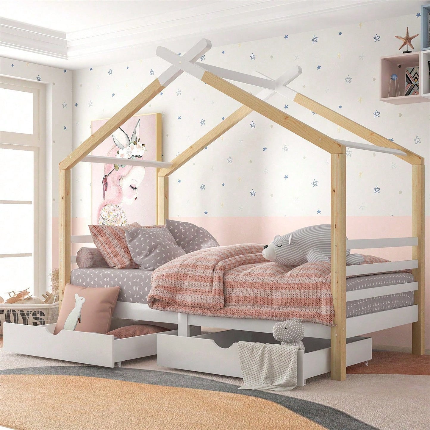 Kinderbett Hausbett mit Schubladen, Massivholz mit Lattenrost, Kiefernholz Hausbett , Kinder und Jugendzimmer, weiß+holzfarbe (90x200cm)