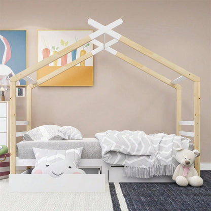 Kinderbett Hausbett mit Schubladen, Massivholz mit Lattenrost, Kiefernholz Hausbett , Kinder und Jugendzimmer, weiß+holzfarbe (90x200cm)
