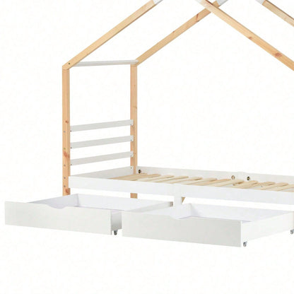 Kinderbett Hausbett mit Schubladen, Massivholz mit Lattenrost, Kiefernholz Hausbett , Kinder und Jugendzimmer, weiß+holzfarbe (90x200cm)