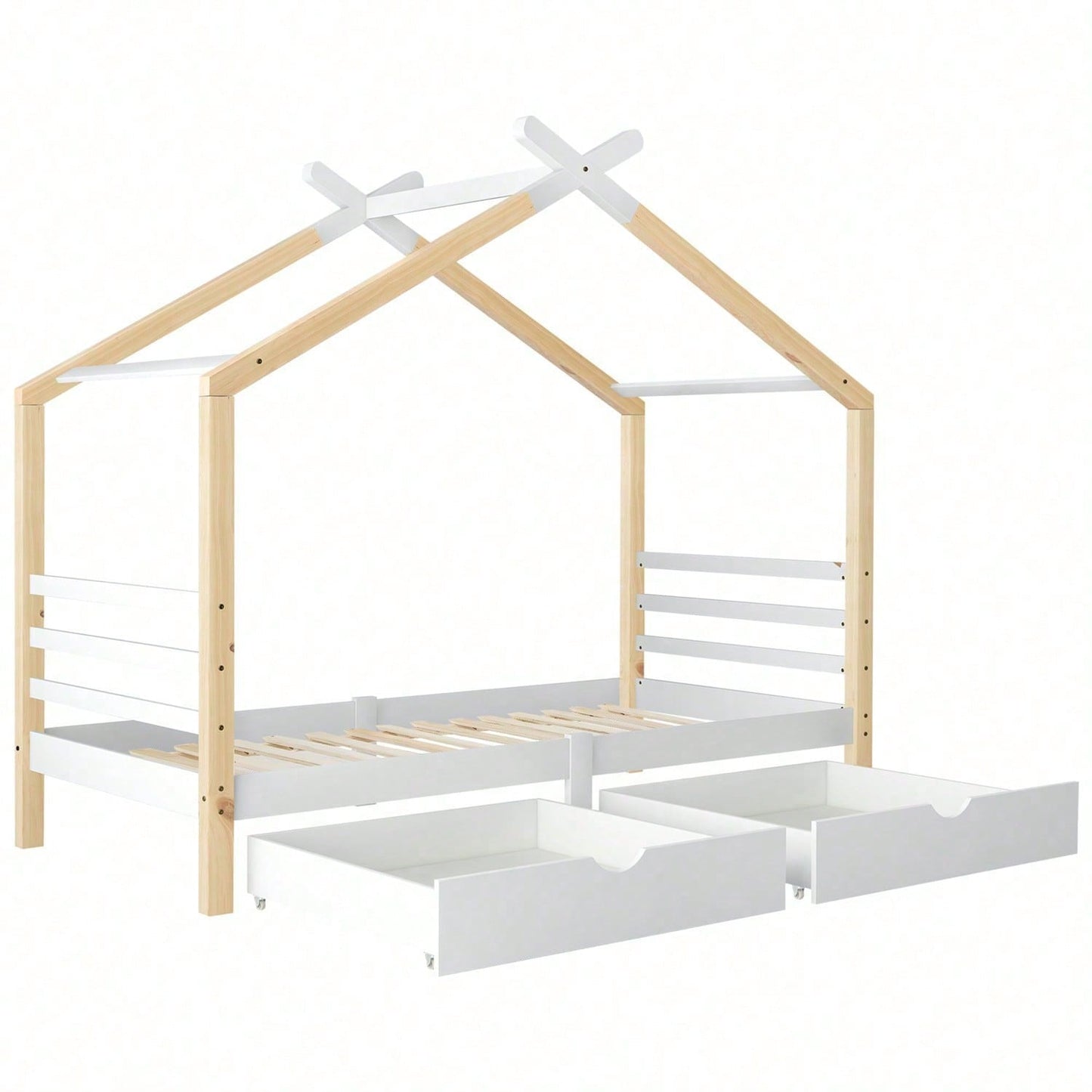 Kinderbett Hausbett mit Schubladen, Massivholz mit Lattenrost, Kiefernholz Hausbett , Kinder und Jugendzimmer, weiß+holzfarbe (90x200cm)