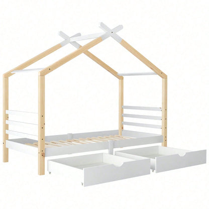 Kinderbett Hausbett mit Schubladen, Massivholz mit Lattenrost, Kiefernholz Hausbett , Kinder und Jugendzimmer, weiß+holzfarbe (90x200cm)