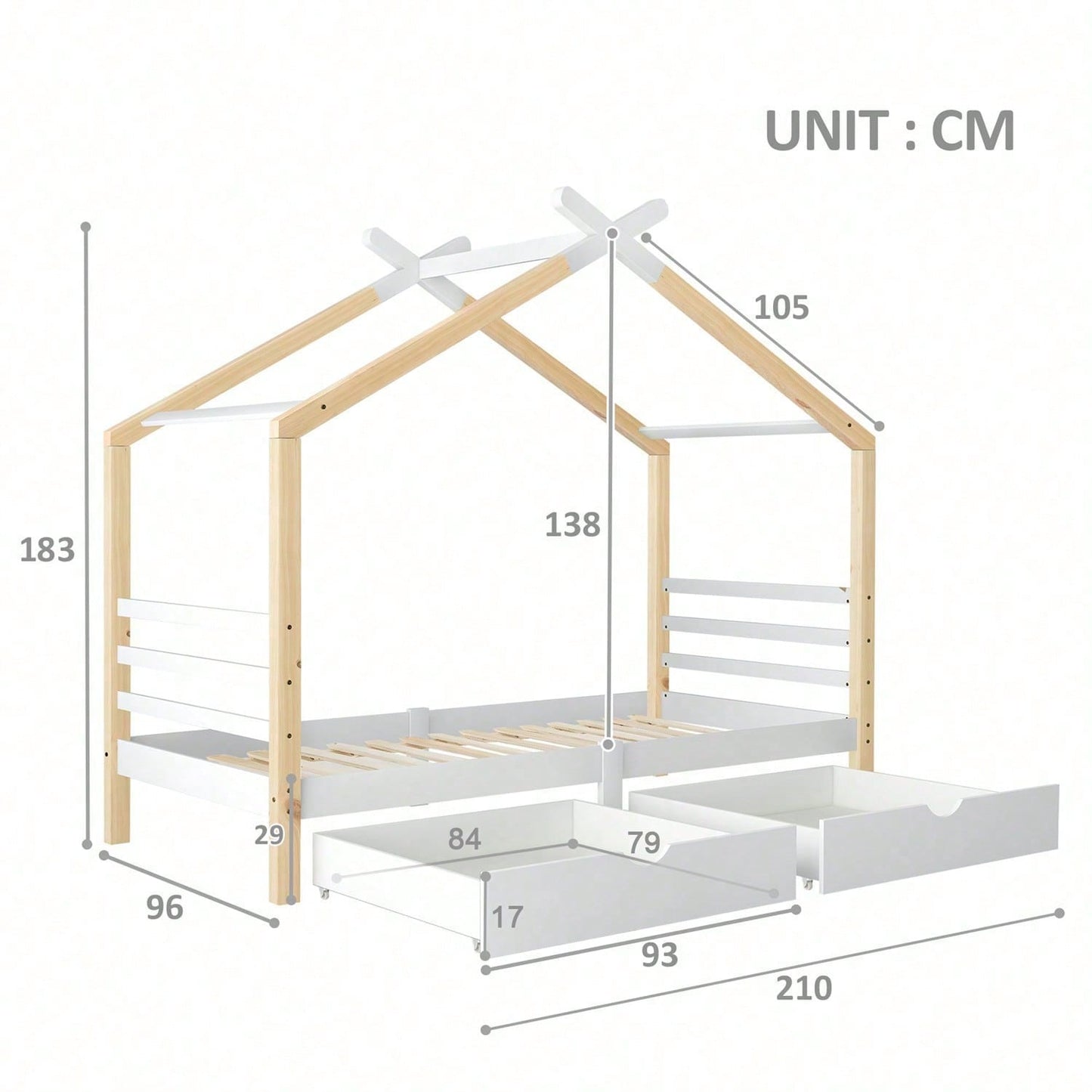 Kinderbett Hausbett mit Schubladen, Massivholz mit Lattenrost, Kiefernholz Hausbett , Kinder und Jugendzimmer, weiß+holzfarbe (90x200cm)