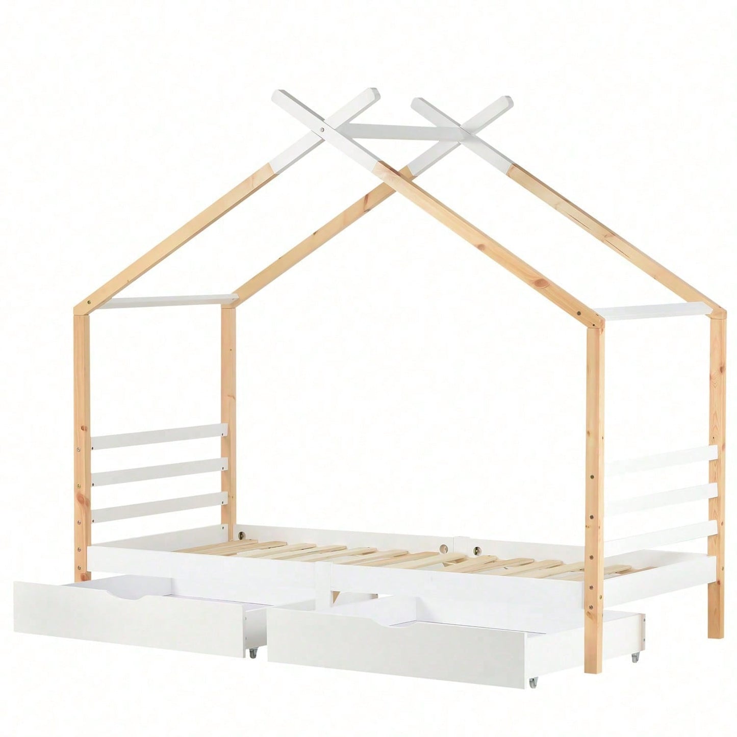 Kinderbett Hausbett mit Schubladen, Massivholz mit Lattenrost, Kiefernholz Hausbett , Kinder und Jugendzimmer, weiß+holzfarbe (90x200cm)