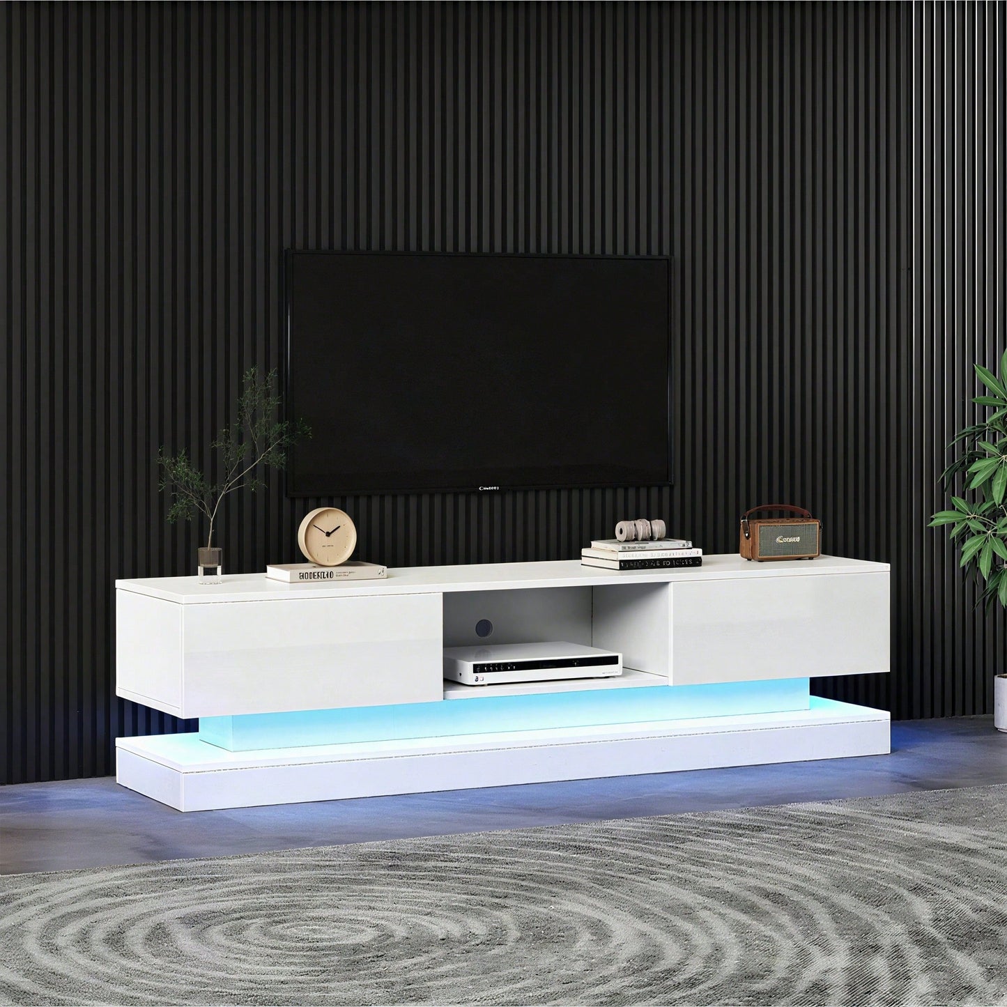 160*35*40,5 cm Schwarzer Hochglanz-TV-Ständer mit LED-Beleuchtung, 2 Schubladen, Anwendungssteuerung, Anti-Kipp-Design, geeignet für 60-Zoll-Fernseher, TV-Schränke, TV-lowboard