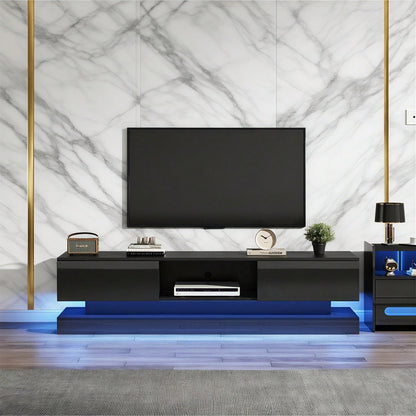 160*35*40,5 cm Schwarzer Hochglanz-TV-Ständer mit LED-Beleuchtung, 2 Schubladen, Anwendungssteuerung, Anti-Kipp-Design, geeignet für 60-Zoll-Fernseher, TV-Schränke, TV-lowboard