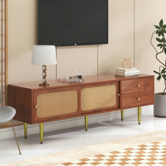 Stilvoller TV-Ständer mit Rattan-Schiebetüren und praktischen Schubladen, Nussbaum mit dunklem Kunststoff-Rattan, 2 Schubladen, 2 Rattan-Schiebetüren, 4 Fächer zur Aufbewahrung, 160*40*60cm.