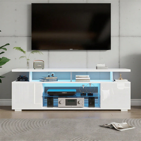 Moderner Low-Panel-Hochglanz-TV-Ständer mit LED-Beleuchtung, TV-Panel, TV-Glasschrank für 60-Zoll-Fernseher, Tische, universelle Gaming-Medienständer, Stauschränke und große Stauräume, Reinweiß Moderner Low-Panel-Hochglanz-TV-Ständer mit LED-Beleuchtung,