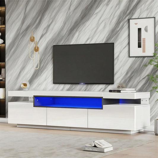 Eleganter Hochglanz-TV-Schrank 160x39x42cm – Weiß mit 16 Farben LED-Beleuchtung – Platz für 70 Zoll Fernseher – Inklusive 3 Schubladen,Hochglanz-TV-Ständer