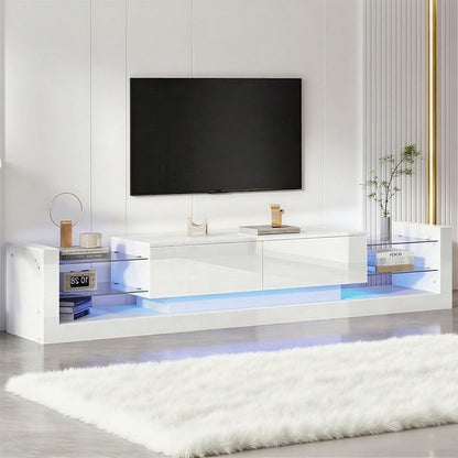 Hochglanz-TV-Schrank mit LED-Beleuchtung, 181 cm – Für Fernseher bis 80 Zoll, Glasfront, zwei klappbare Schubladen