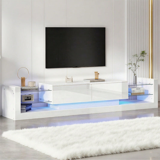 Hochglanz-TV-Schrank mit LED-Beleuchtung, 181 cm – Für Fernseher bis 80 Zoll, Glasfront, zwei klappbare Schubladen