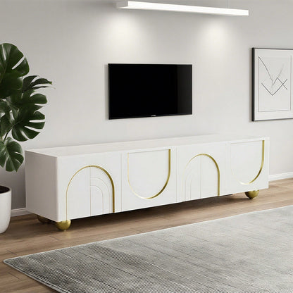 TV-Schrank, lowboard mit strukturierten Türen, goldenen Verzierungen, goldenen runden Beinen, inklusive Einlegeböden, push-to-open