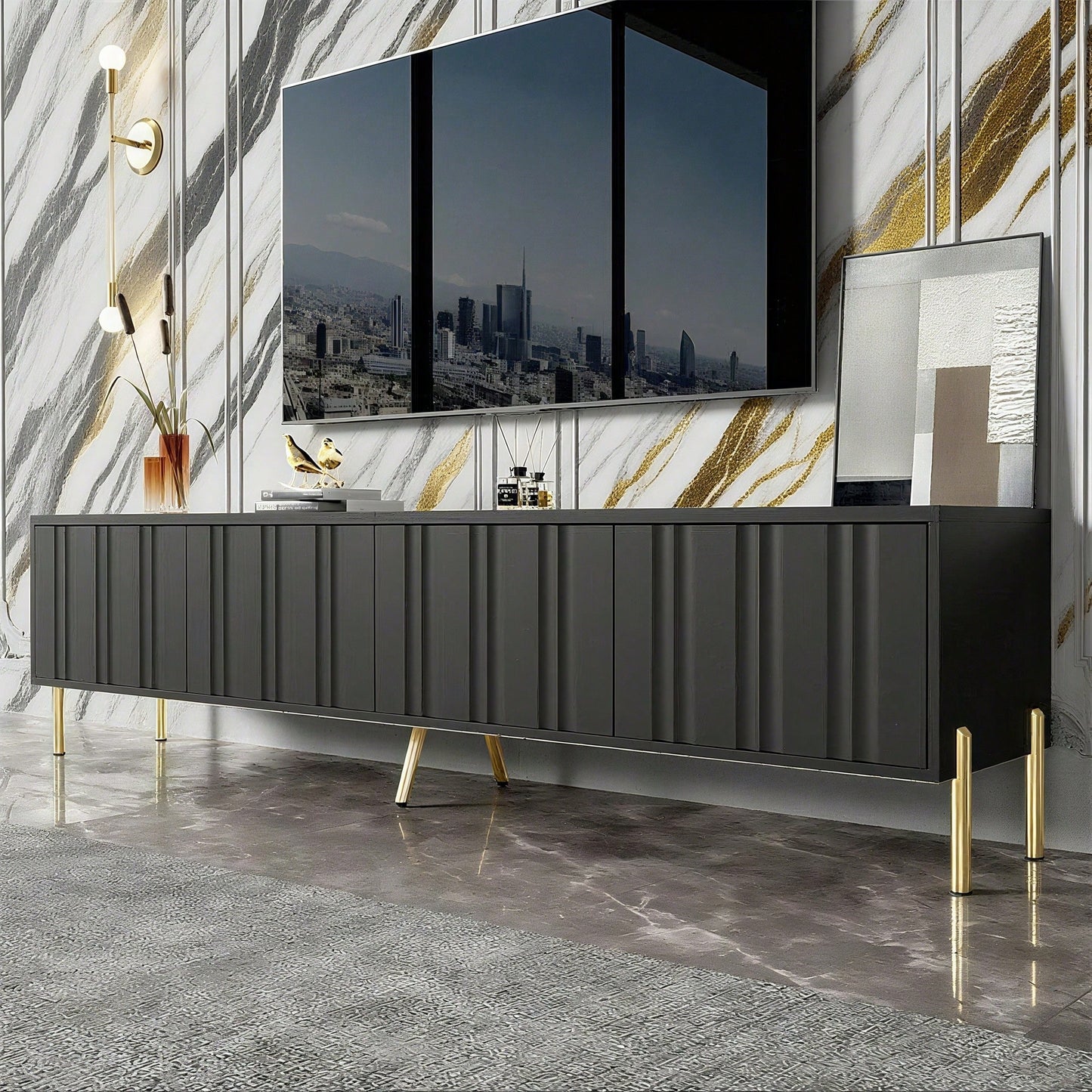 Schwarzes TV-Schrank, 190 cm(L) x 38 cm(W) x 48 cm(H), goldene Tischbeine