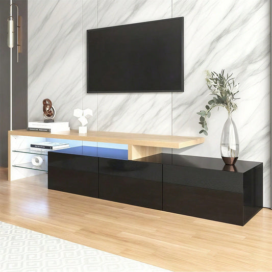 Modernes TV-Schrank-Design: Stilvolle Eleganz, praktischer Stauraum, Hochglänzendes Schwarz, Holzoptik, Glasböden, LED-Beleuchtung