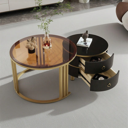 2-in-1 runder MDF-Couchtisch, Beistelltisch mit 1 Hochglanz-Tischplatte und 1 brauner Tischplatte aus gehärtetem Glas, Wohnzimmer-Couchtischkombination mit 2 Schubladen, 70*70*45 + 50*50*40 cm