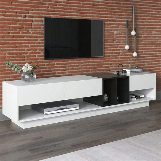 TV-Schrank, Lowboard, Kombination in Hochglanz-Weiß und Schwarz. Farbblockierendes Design, Schubladen, Fächer, mehrere Stauräume