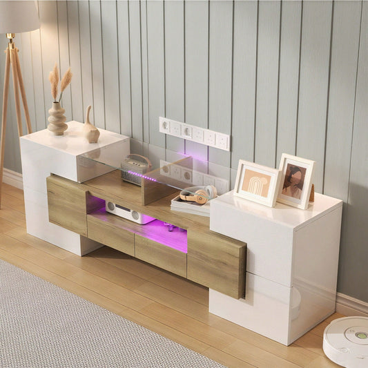 Stilvoller TV-Schrank, Lowboard. hochglänzendes Weiß, 145 cm, LED-Beleuchtung, Wohnzimmermöbel. modernes Design. elegante Glasoberfläche.