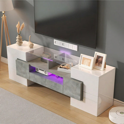 Stilvoller TV-Schrank, Lowboard. hochglänzendes Weiß, 145 cm, LED-Beleuchtung, Wohnzimmermöbel. modernes Design. elegante Glasoberfläche.