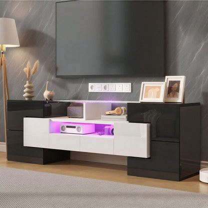 Stilvoller TV-Schrank, Lowboard. hochglänzendes Weiß, 145 cm, LED-Beleuchtung, Wohnzimmermöbel. modernes Design. elegante Glasoberfläche.