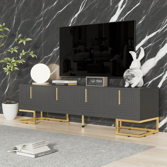 TV-Schrank, lowboard mit strukturierter Tür, TV-Möbel, goldenen Griffen und goldenen Füßen
