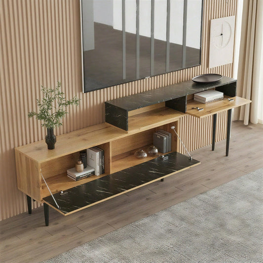 Moderner TV-Ständer mit Marmor- und Holzmaserungsdesign, PVC-Kante, Eisenbeinen, dunkle Holzfarbe, Heimdekoration, platzsparend, langlebig und langlebig