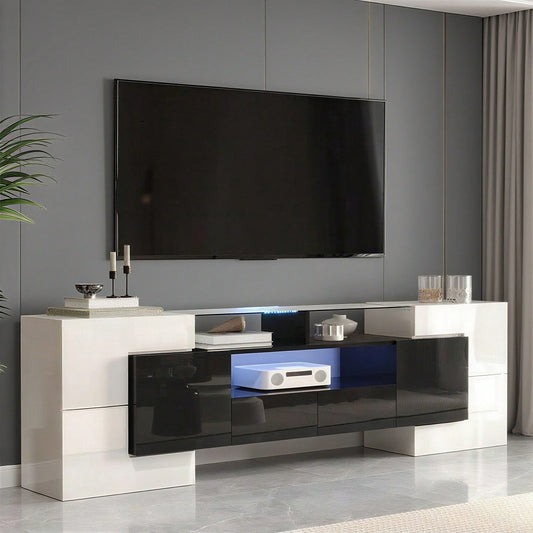 Stilvoller TV-Schrank, niedriges Panel. Hochglanz-Weiß und Schwarz, 200 cm, LED-Beleuchtung, Wohnzimmermöbel. Modernes Design. Elegante Glasoberfläche.