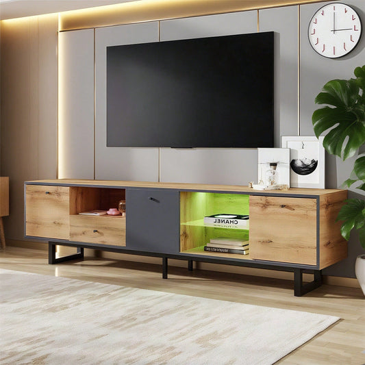 Lowboard, Wohnzimmer-TV-Schrank mit LED-Lichteffekt, Glastrennwand, Pufferscharnier, farblich passendes Design