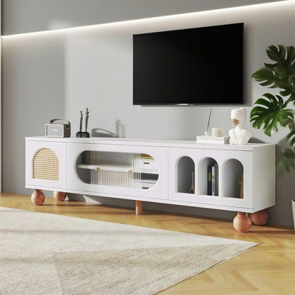 TV-Möbel, TV-Möbel mit Rattan-ähnlicher Tür, Glasschiebetür, drei offenen Bogenbereichen, lowboard mit goldenen Griffen und massiven Holzfüßen