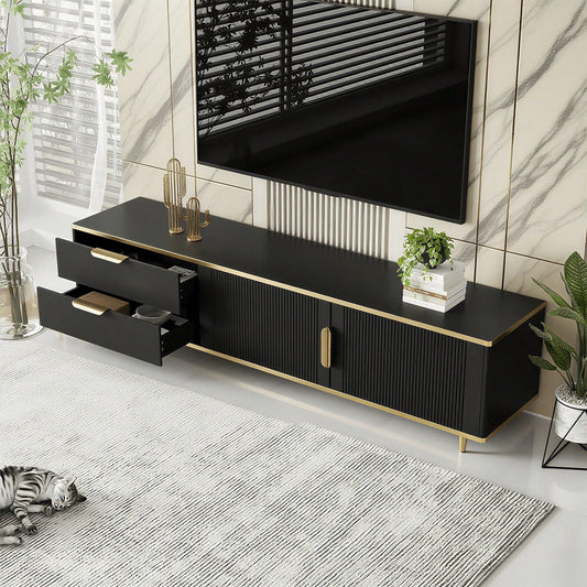 TV-Schrank, niedriger Teller mit geschnitzter Textur, goldenen Griffen und Füßen, Wohnzimmermöbel mit Marmorstruktur