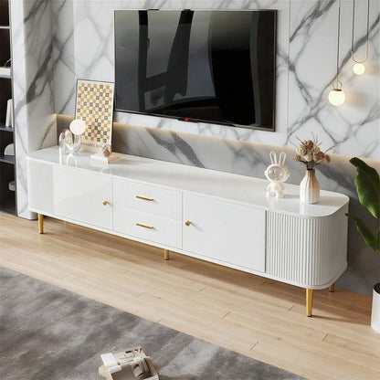 TV-Schrank mit Schubladen, geschwungenen Ecken, Wohnzimmer-TV-Schrank mit gewellten Seiten, goldenen Griffen und Beinen