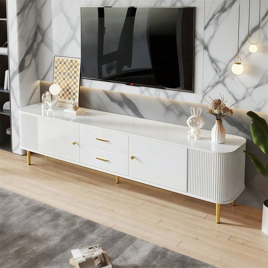 TV-Schrank mit Schubladen, geschwungenen Ecken, Wohnzimmer-TV-Schrank mit gewellten Seiten, goldenen Griffen und Beinen
