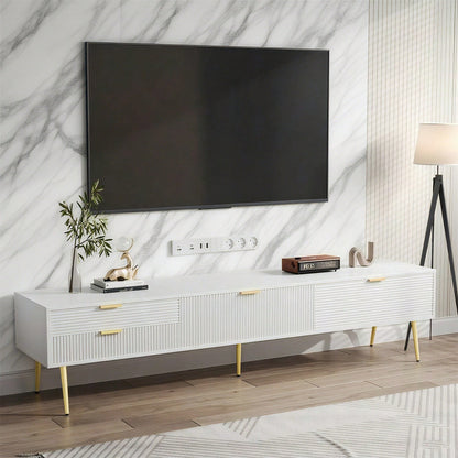Stilvoller TV-Schrank, lowboard. Mit Schubladen und Türen, Wohnzimmermöbel. Modernes Design. goldene Griffe und Beine.