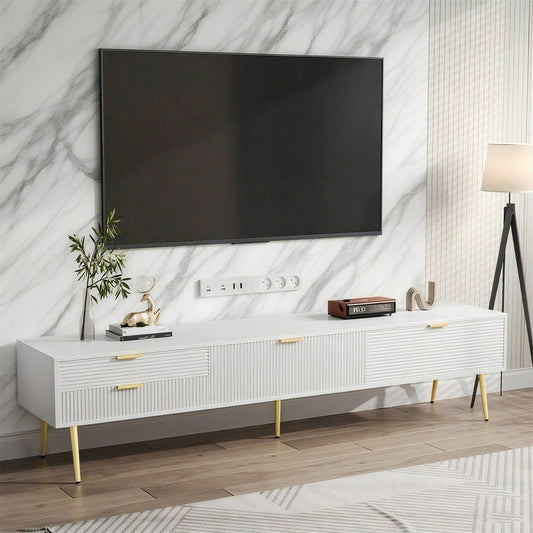 Stilvoller TV-Schrank, lowboard. Mit Schubladen und Türen, Wohnzimmermöbel. Modernes Design. goldene Griffe und Beine.